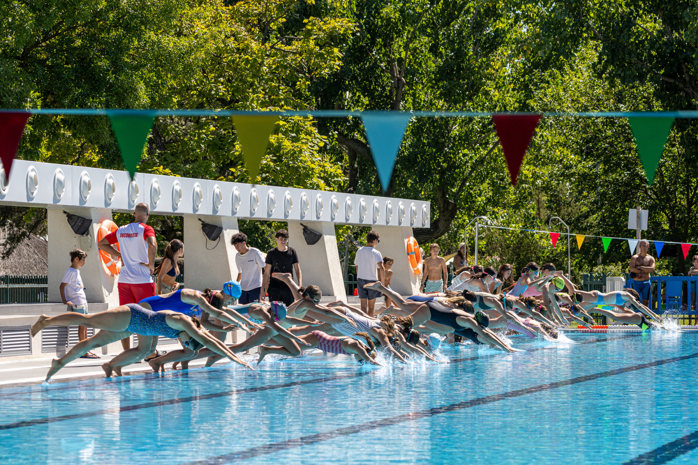 Nadadores, lamzándose al agua en el 67º Campeonato Social de Natación.