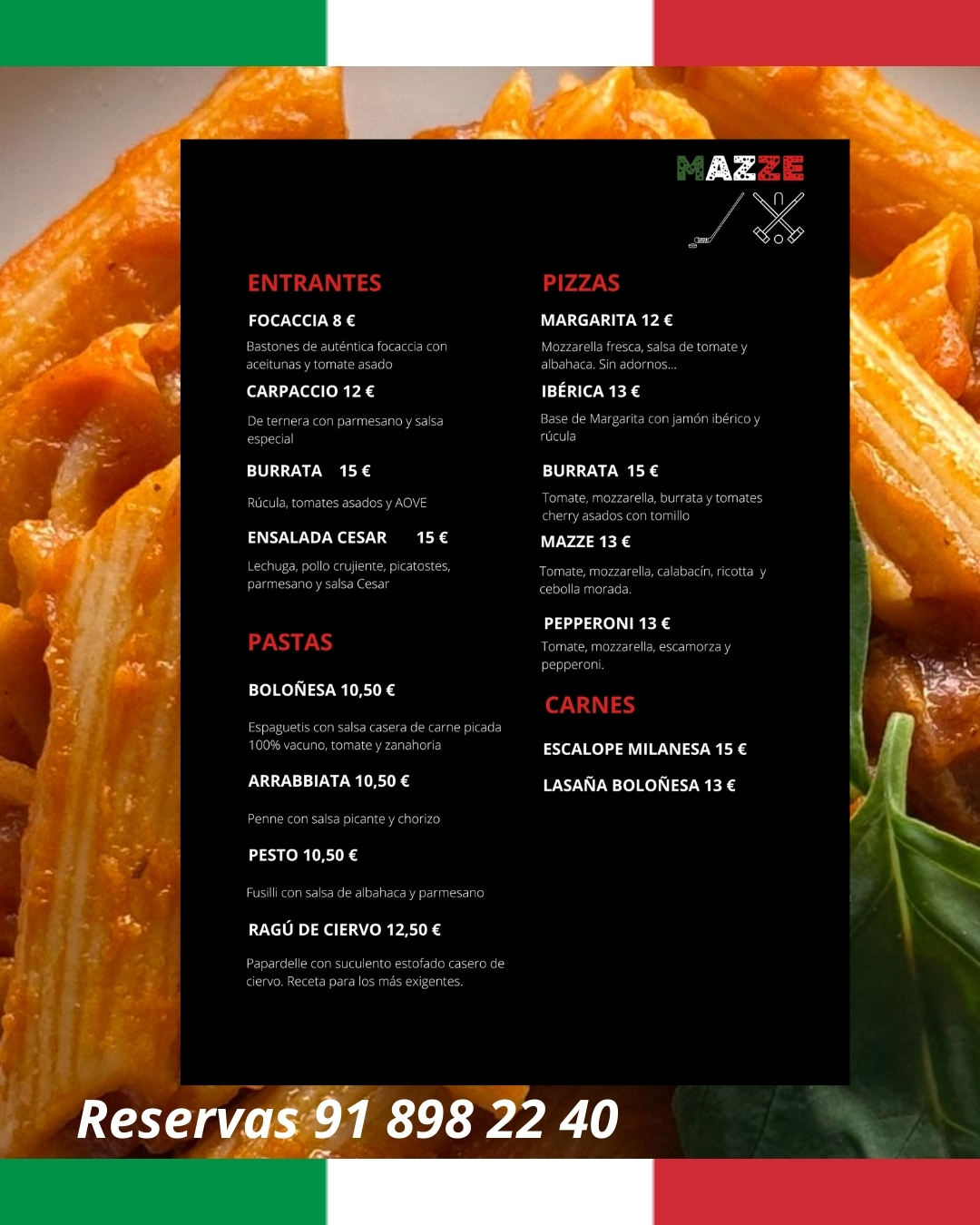 Carta del restaurante italiano Mazze, en el Club de Campo Villa de Madrid