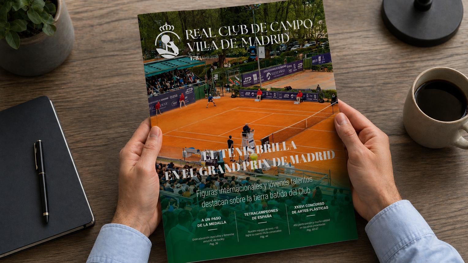 Dos manos sostienen la Revista RCCVM abril 2026, sobre una mesa con una libreta, un bolígrafo, una taza de café, una lámpara y una planta.