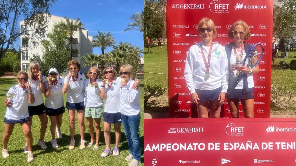 Nuestros equipos de tenis de veteranas +60 (izda.) y +70, con las medallas de campeonas de España.