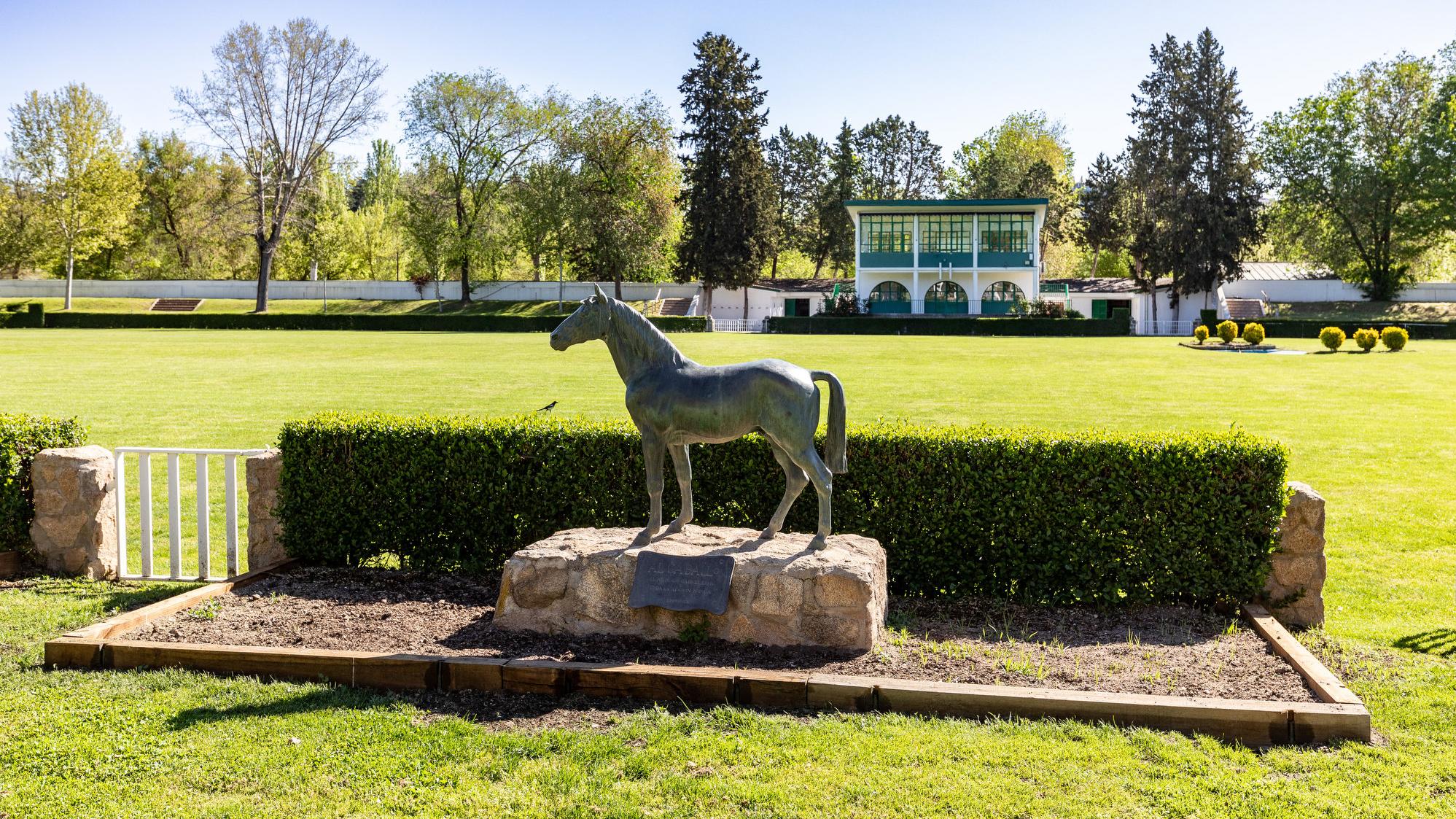 Estatua de un caballo que preside la Pista Verde del Real Club de Campo Villa de Madrid. Foto: Miguel Ángel Ros / RCCVM