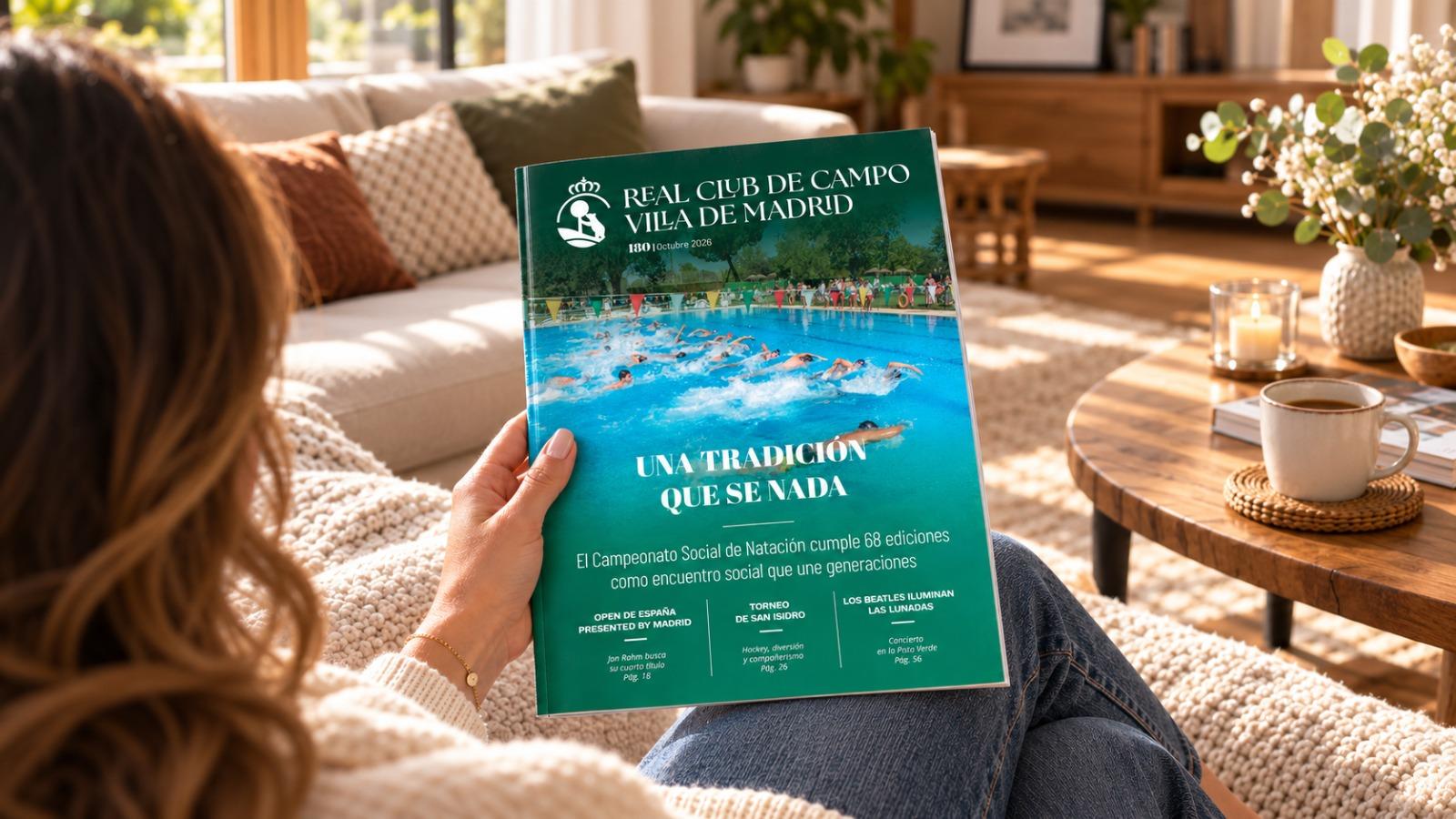 Una mujer sostiene el numero de octubre de 2026 de la revista del Real Club de Campo Villa de Madrid.