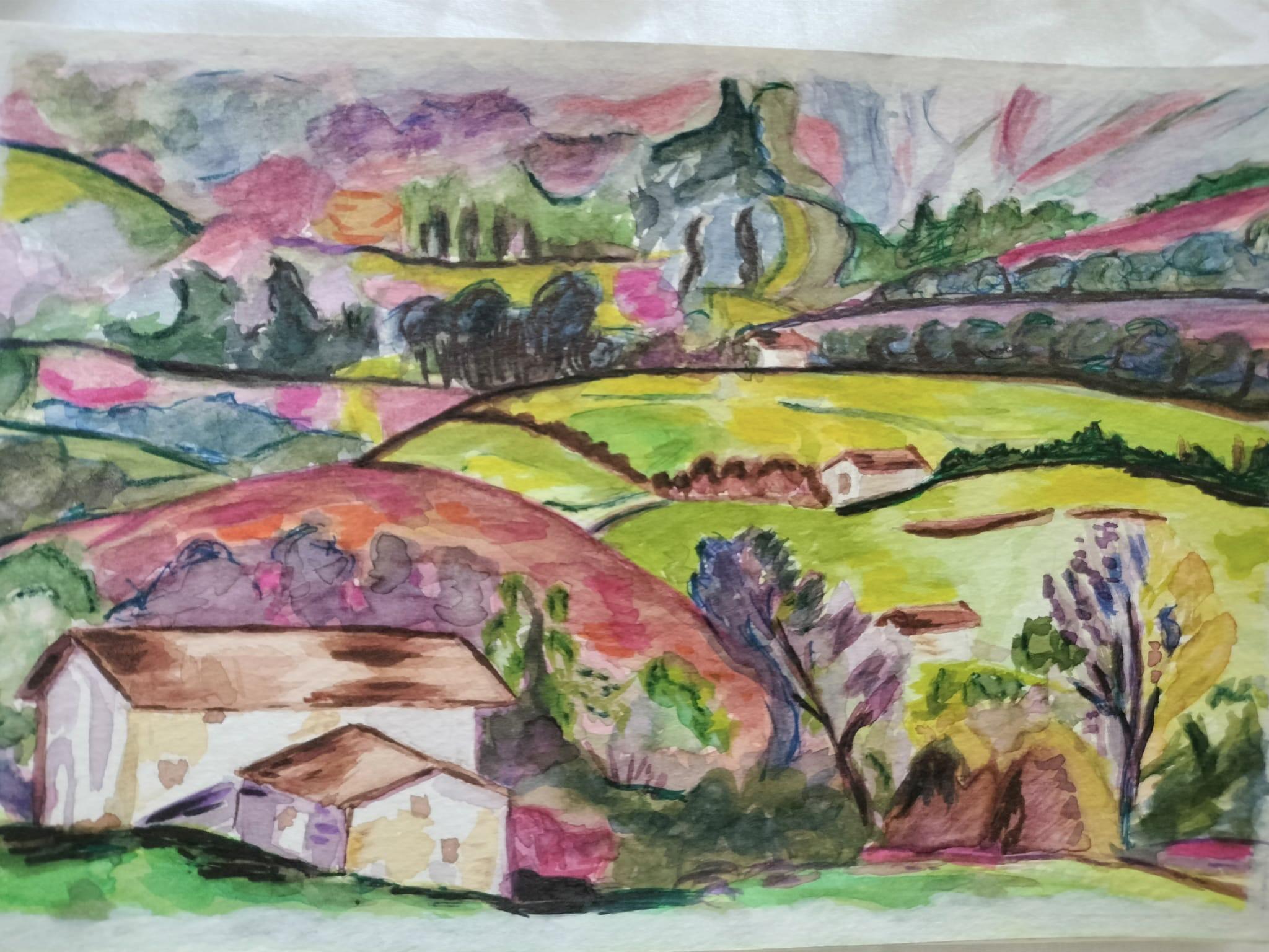 “La campiña”, Carmen Garibay. Acuarela sobre papel.