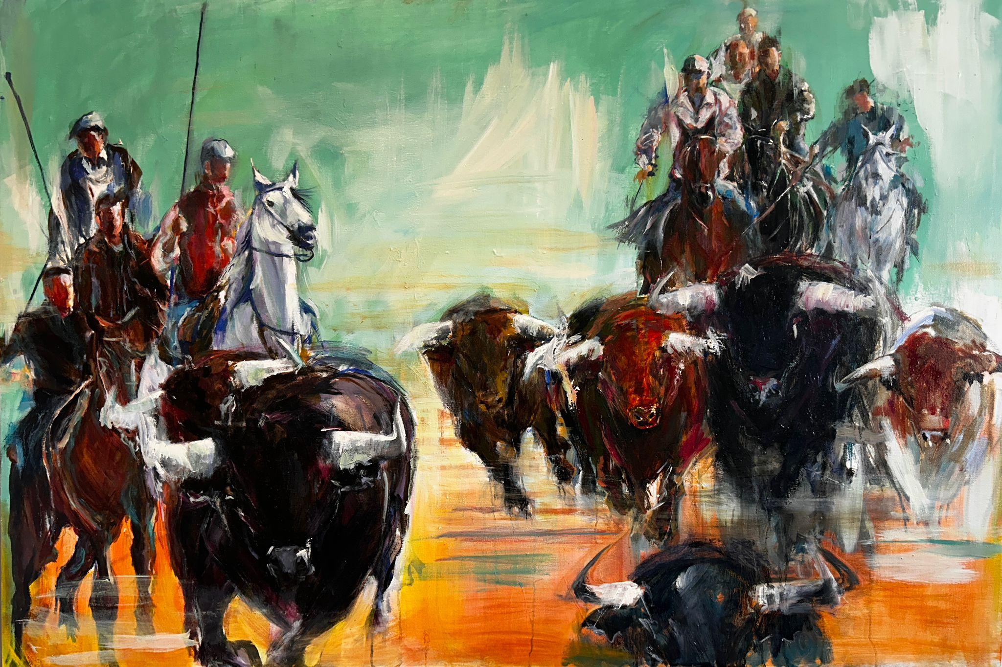 “Garrochistas”, Ana Bayo Moreno. 150x100 cm. Óleo sobre lienzo.