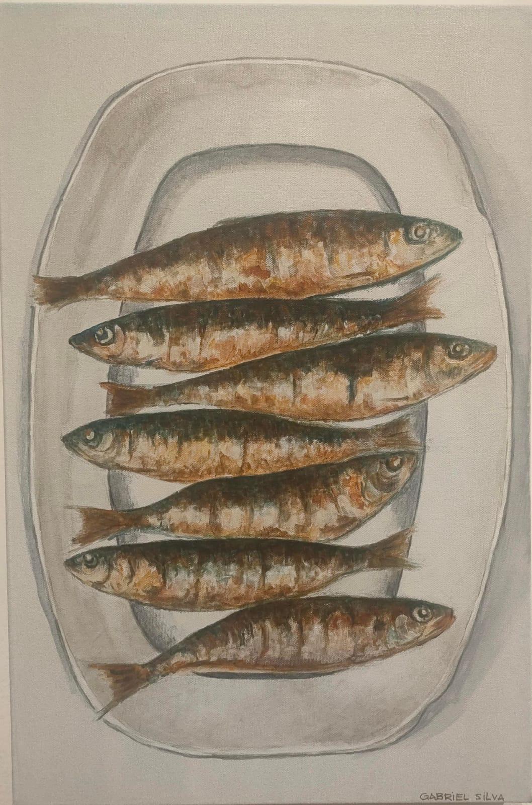 “Sardinas a la plancha”, Gabriel Silva Castañón. 59x60 cm. Acrílico sobre lienzo.