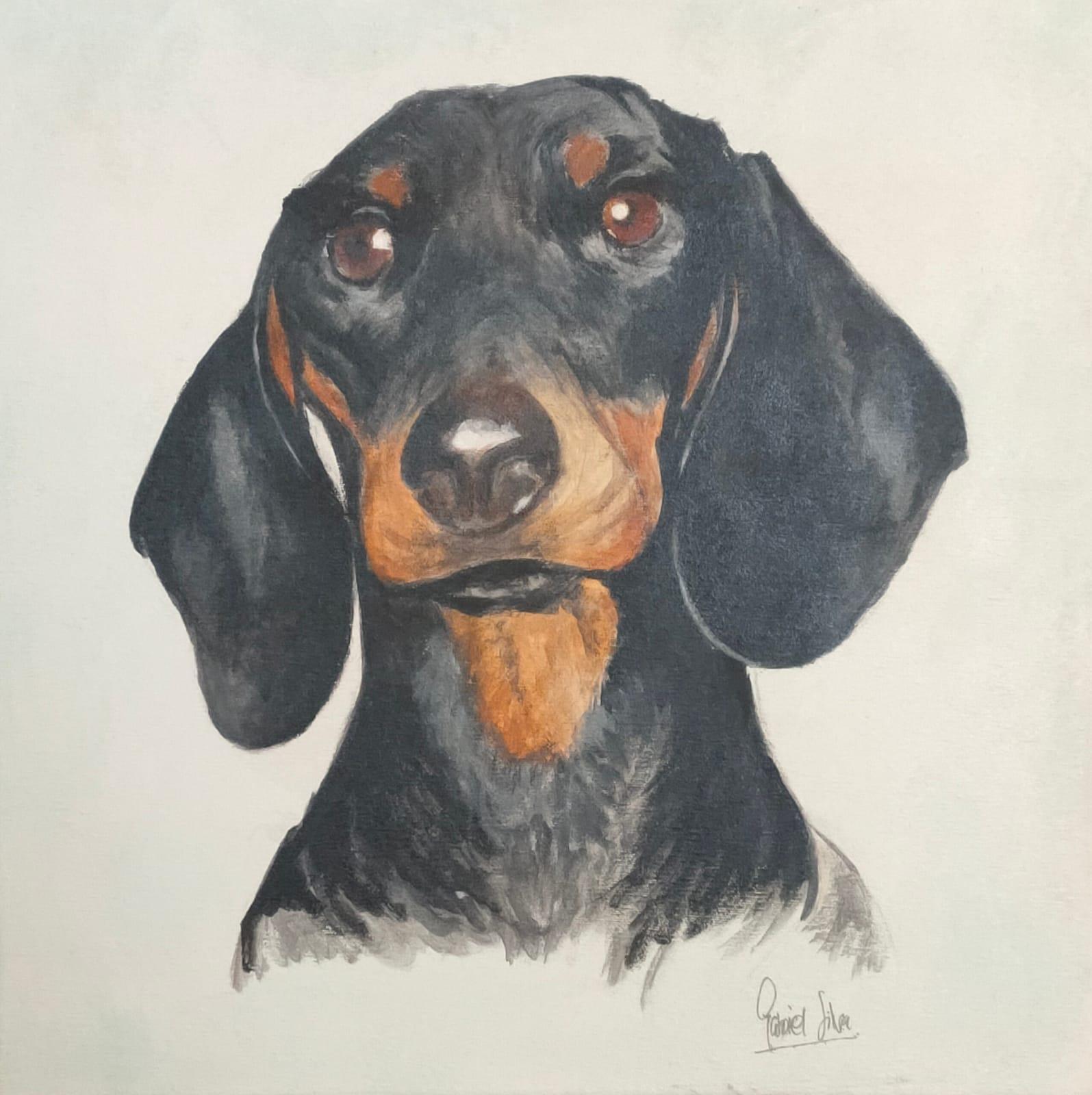 “Salchicha”, Gabriel Silva Castañón. 40x40cm. Acrílico sobre lienzo.