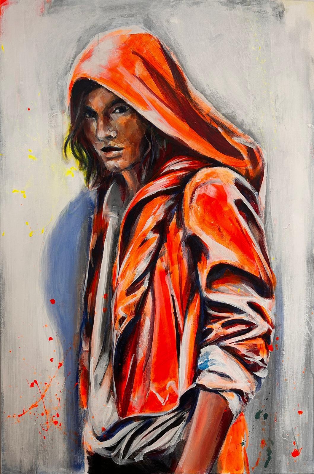“Chico con capucha naranja”, Ana Bayo Moreno. 120x80 cm. Acrílico sobre lienzo.