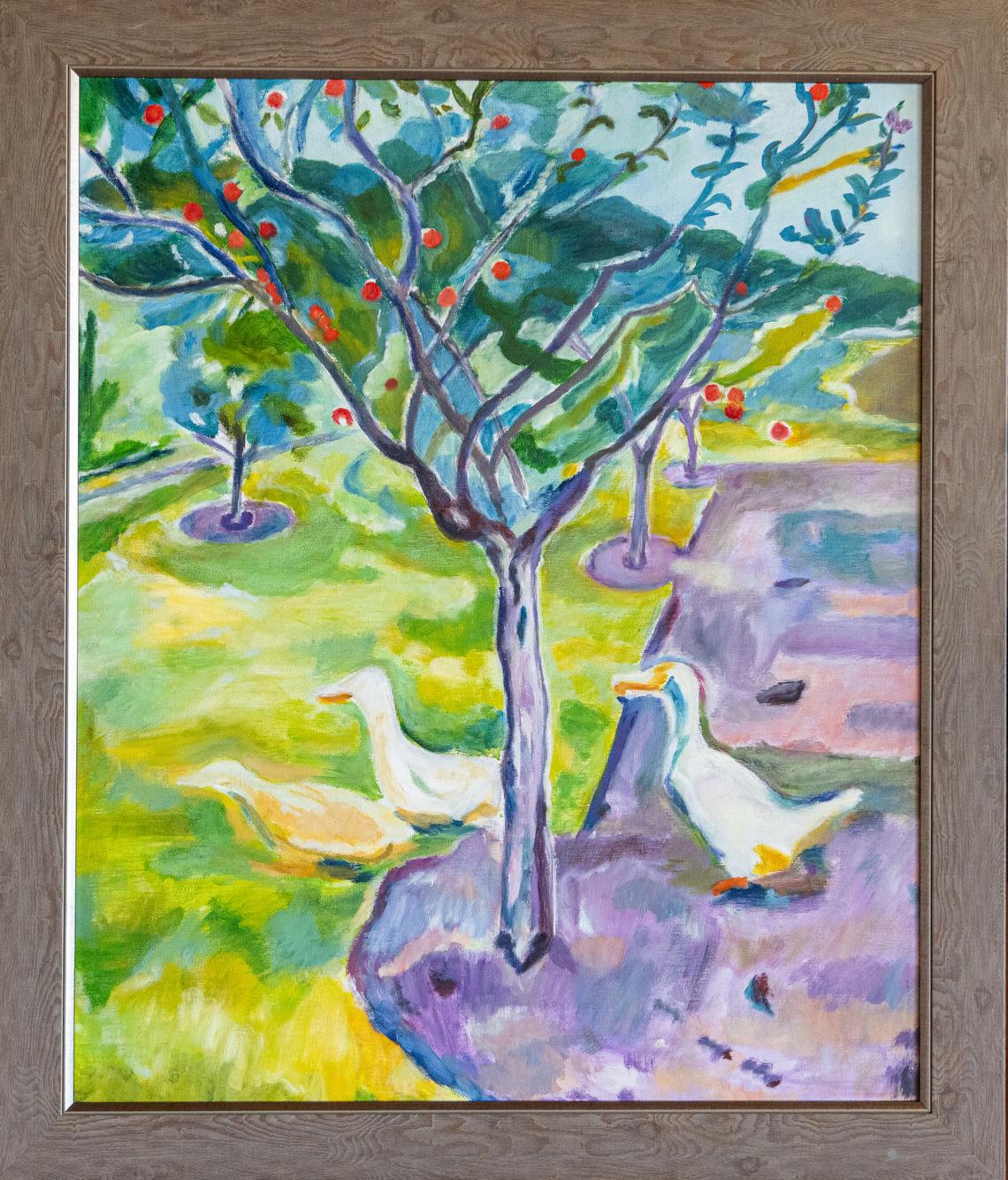 “Patos en el jardín”, María Pura Sánchez Fernández. Óleo sobre lienzo.